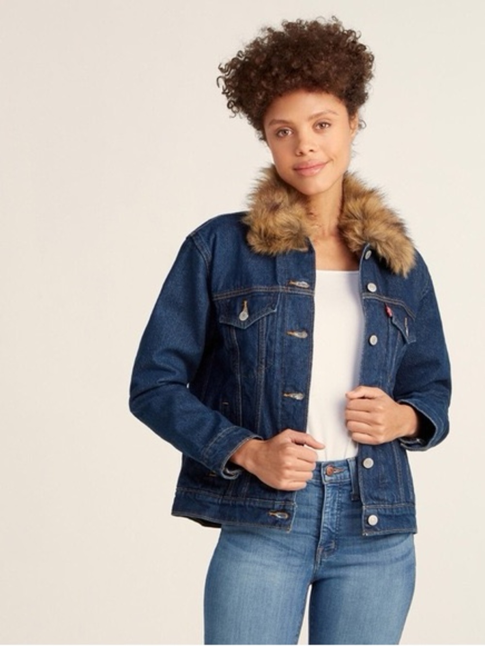 Levi's Dark Blue Denim Jacket with Faux Fur Hood Trim